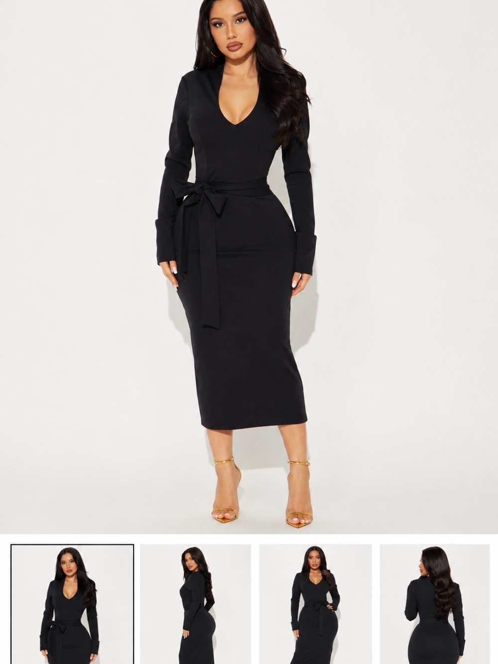 Fashion Nova Black Long Sleeve V-Neck Midi Dress with Waist Tie